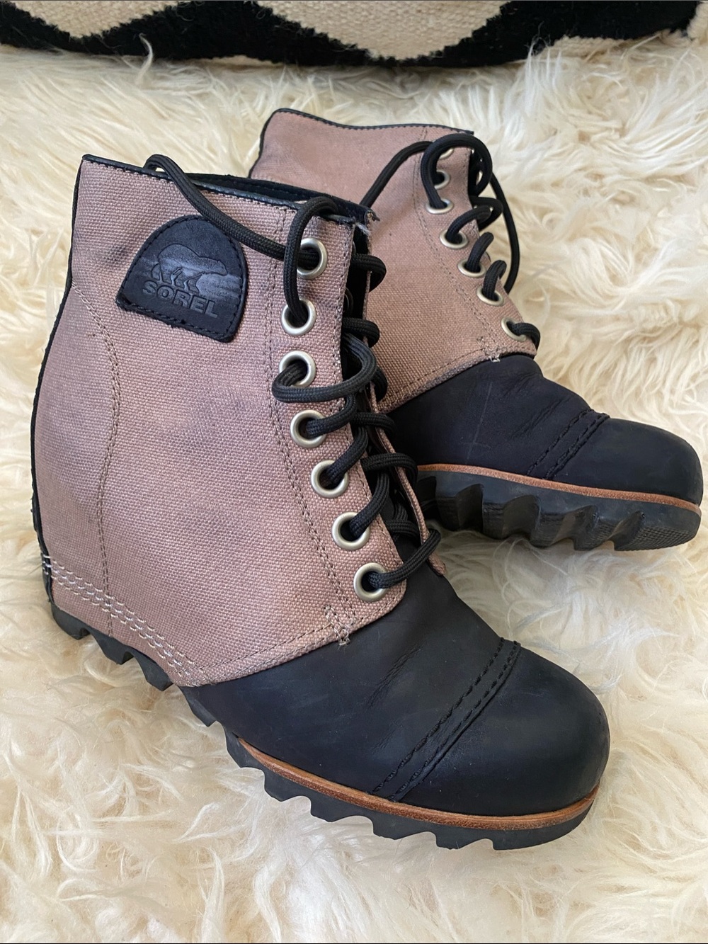 Sorel Women's Tan Canvas and Black Leather Lace-Up Wedge Boots